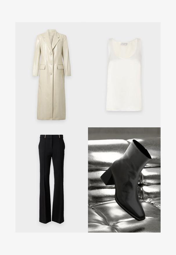 Krokodillemønster imiteret læder lang frakke, lys beige, med klapkrave, to frontlommer og knaplukning. Glat, skinnende tekstur.; Hvid satin ærmeløs tanktop med rund halsudskæring og glat tekstur, med en subtil glans og rene kanter.; LIU JO PANT FIT AND FLARE - Bukser - nero; Sorte ankelstøvler lavet af glossy materiale med firkantet tå og spidse hæle, sat mod en skinnende sølv tuftet baggrund.