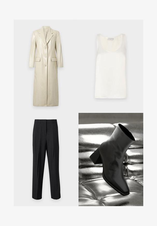 Pitkä takki, jossa on krokotiilikuosisella tekonahalla, vaaleanbeige, notched-lapels, kaksi etutaskua ja nappikiinnitys. Pehmeä, kiiltävä pinta.; Valkoinen satiinisi ilman hihna tankkitoppi, jossa on pyöreä kaula-aukko ja sileä pinta, hienovaraisella kiillolla ja siisteillä reunoilla.; Tummanharmaat räätälöidyt housut, joissa on suora lahje, kahta etupleffaa, vyölenkit ja sileä kangas.; Musta nilkkuri, joka on valmistettu kiiltävästä materiaalista, jossa on neliömäinen kärki ja kapeahko kanta, asetettuna kiiltävän hopean tuftatun taustan eteen.