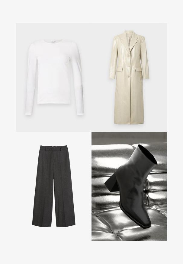 Pitkä takki, jossa on krokotiilikuosisella tekonahalla, vaaleanbeige, notched-lapels, kaksi etutaskua ja nappikiinnitys. Pehmeä, kiiltävä pinta.; Valkoinen pitkähihaisen t-paita, joka on valmistettu pehmeästä puuvillasta. Sen pyöreä kaula-aukko ja slim-fit -muotoilu huomaavat siistit saumat ilman näkyviä kuvioita.; Hyviä leveälahkeisia housuja tummanharmaasta kankaasta. Varustettu räätälöidyllä vyötärökaistalla, jossa on vyölenkit, sileä tekstuuri ja minimaalinen ommelkorostus.; Musta nilkkuri, joka on valmistettu kiiltävästä materiaalista, jossa on neliömäinen kärki ja kapeahko kanta, asetettuna kiiltävän hopean tuftatun taustan eteen.