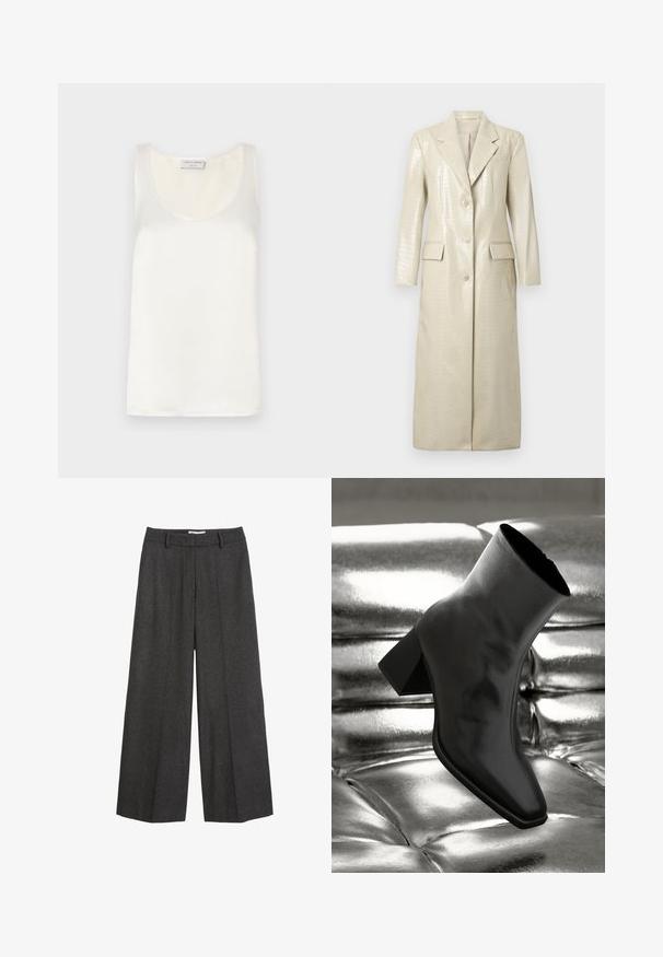 Dlhý kabát z imitácie kože s krokodílim vzorom, svetlo béžovej farby, s klopami, dvoma prednými vreckami a zapínaním na gombíky. Hladká, lesklá textúra.; Biele saténové bezrukávové tielko s kruhovým výstrihom a hladkým povrchom, s jemným leskom a čistými okrajmi.; Široké nohavice v tmavošedej tkanine. Obsahujú priliehavý pás so slučkami na opasok, hladkú textúru a minimálne vyšívané detaily.; Čierne členkové topánky vyrobené z lesklého materiálu so štvorcovou špičkou a zúženým podpätkom, na lesklom striebornom podklade s vystuženým vzorom.