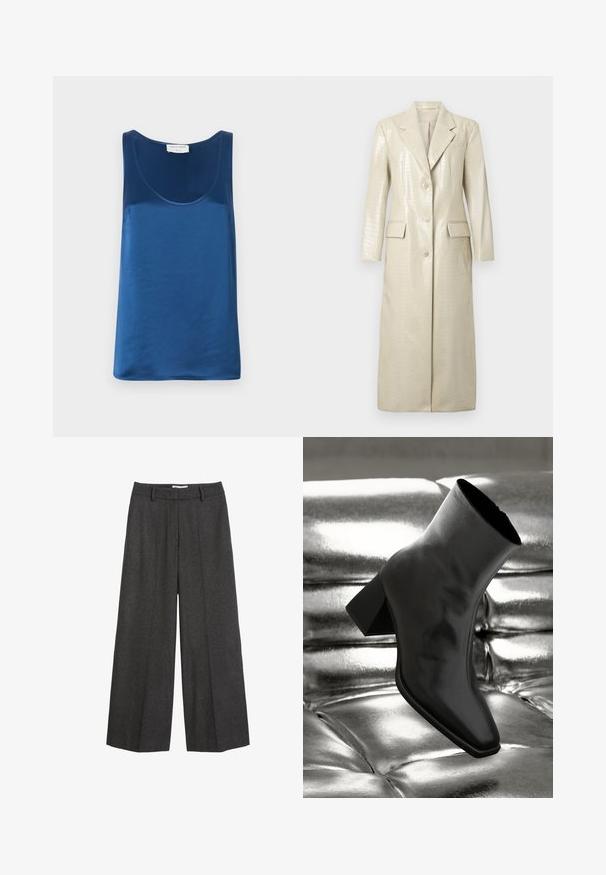 Krokodillemønster imiteret læder lang frakke, lys beige, med klapkrave, to frontlommer og knaplukning. Glat, skinnende tekstur.; Blå satin tanktop med rund halsudskæring og brede skulderstropper, glat tekstur og en afslappet pasform.; Bredde bukser i mørkegrå stof. Har en skræddersyet talje med bæltesløjfer, glat tekstur og minimale syninger som detaljer.; Sorte ankelstøvler lavet af glossy materiale med firkantet tå og spidse hæle, sat mod en skinnende sølv tuftet baggrund.