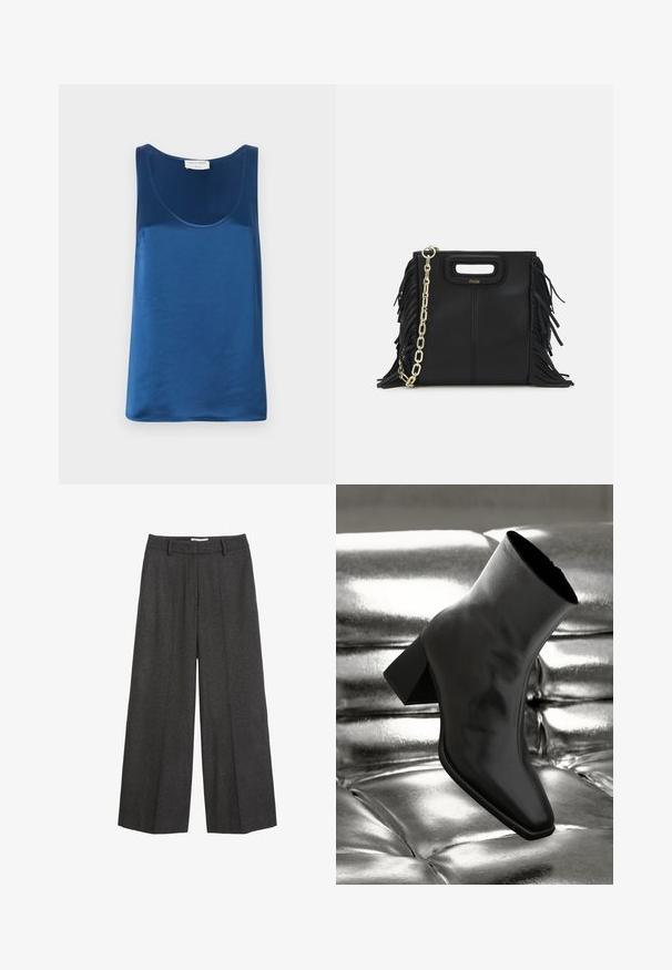 Palton lung din piele ecologică cu model de crocodil, bej deschis, cu rever decupat, două buzunare frontale și închidere cu buton. Textură netedă și lucioasă.; Top din satin albastru, cu decolteu rotund și bretele late, textură netedă și croială relaxată.; Pantaloni cu picioare largi dintr-un material gri închis. Prezentă un brâu ajustat cu bucle pentru curea, textură netedă și accente de cusătură minime.; Cizme negre până la gleznă, realizate dintr-un material lucios, cu vârf pătrat și toc conic, plasate pe un fundal strălucitor de argint, cu un model tuftat.; Geantă de mână din piele neagră cu detalii din franjuri, curea de umăr din lanț auriu și un mâner cu tăietură. Prezintă plasarea logo-ului pe față.