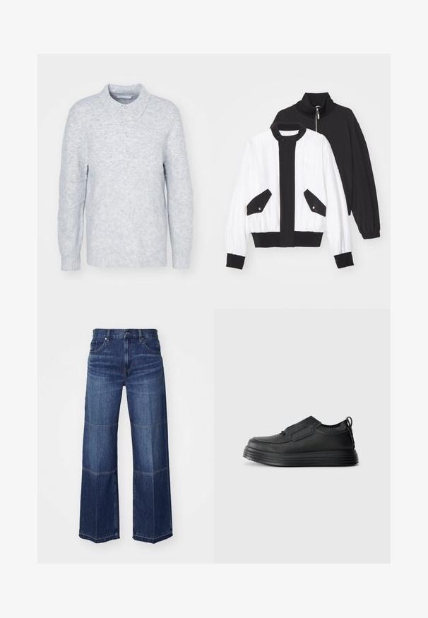 Veste noire et blanche coupée avec un col zippé noir, deux poches avant avec des boutons-pression, et un ourlet et des poignets côtelés.; Pull en tricot gris clair avec un col, patte de boutonnage à trois boutons et poignets côtelés, présentant une finition douce et texturée.; Jeans en denim à jambes larges de couleur bleu foncé, avec des panneaux contrastants, un design classique à cinq poches et des détails de couture traditionnels.; Chaussure slip-on en cuir noir texturé avec semelle épaisse rainurée et tirette au talon, présentée en vue de côté sur fond blanc.