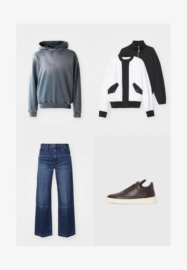 Jachetă croppată alb-negru cu guler negru cu fermoar, două buzunare frontale cu capse și un tiv și manșete cu nervuri.; Hanorac gri dintr-un material moale, cu buzunar tip kangur, cu manșete și tiv cu nervuri, având inscripția "HELMUT LANG" embosată pe față.; Jeans din denim cu picioare largi, de culoare albastră închisă, având panouri contrastante, un design clasic cu cinci buzunare și detalii tradiționale de coasere.; Tenis din piele texturată, de culoare maro închis, cu șireturi în față și talpă din cauciuc alb, cu margini, pe un fundal deschis.