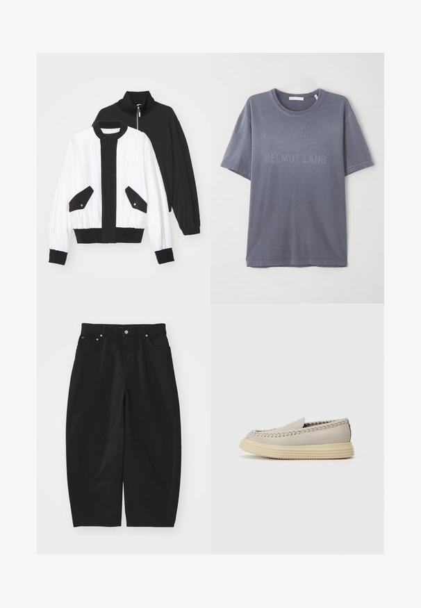 Juoda ir balta trumpa striukė su juodu užtrauktuku apykakle, dviem priekinėm kišenėm su snapeliu, ir švelnia apatine dalimi bei rankovėmis.; Pilkas medvilnės marškinėliai su trumpomis rankovėmis, apvaliu iškirpimu, su iškilniu "HELMUT LANG" logotipu priekyje. Švelni tekstūra, laisvas kirpimas.; Helmut Lang COCOON GALLERY - Laisvo kirpimo džinsai - black; The Antipode Įmautiniai batai - earth