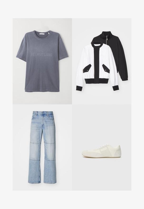 Jachetă croppată alb-negru cu guler negru cu fermoar, două buzunare frontale cu capse și un tiv și manșete cu nervuri.; Tricou gri din bumbac, cu mâneci scurte, guler rotund, cu logo-ul embossat "HELMUT LANG" pe partea din față. Textură moale, croi lejer.; Pantaloni din denim de culoare albastră deschisă, cu un design cu picioare largi, prezentând panouri contrastante și cusături vizibile. Talie înaltă, cu închidere cu buton.; Pantofii sport albi cu un design elegant, având un capac de vârf din suede, panouri din piele și accente texturate în contrast. Talpă plată din cauciuc.