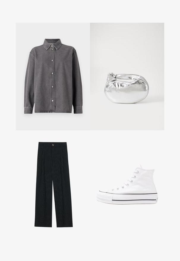 Umelá kožušina bunda v krémovej a tmavo hnedej farbe, so vzorom kravskej kožušiny, širokým golierom a boxy strihom s dlhými rukávmi.; Šedá deninová košeľa s predným zapínaním na gombíky, dlhými rukávmi a špicatým golierom. Obsahuje dve predné vrecká a voľný strih.; Čierne pruhované široké nohavice vyrobené z textúrovanej tkaniny, s predným zapínaním na gombík a skladaným dizajnom pre väčší záujem.; Biele vysoké plátené tenisky s čiernou gumovou podošvou, prednou gumovou špičkou a šiestimi okami na šnúrky, s čistým, minimalistickým dizajnom.; Strieborná metalická taška s mäkkým, zaobleným tvarom a uzáverom s uzlíkom. Vyrobená z hladkej syntetickej kože.