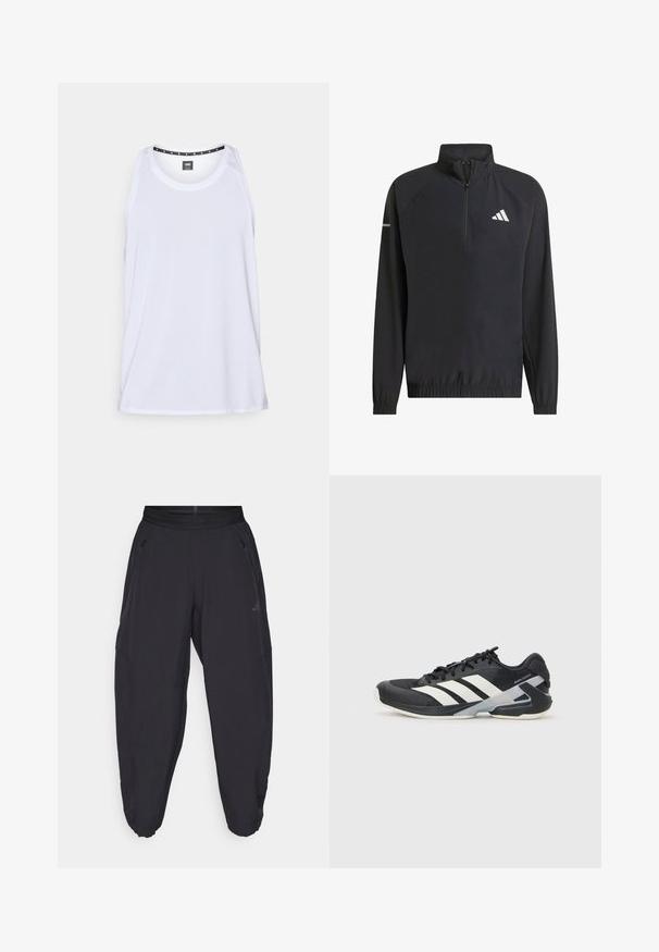 adidas Performance Windbreaker - black; White athletic tank top with a textured fabric, round neckline, wide armholes, and button detail on the shoulder.; Black athletic pants with elastic waistband, zippered side pockets, tapered legs, and subtle logo on the right thigh.; Black athletic shoe with white stripes, mesh upper, rounded toe, and cushioned sole. Features a textured heel and secure lacing system.