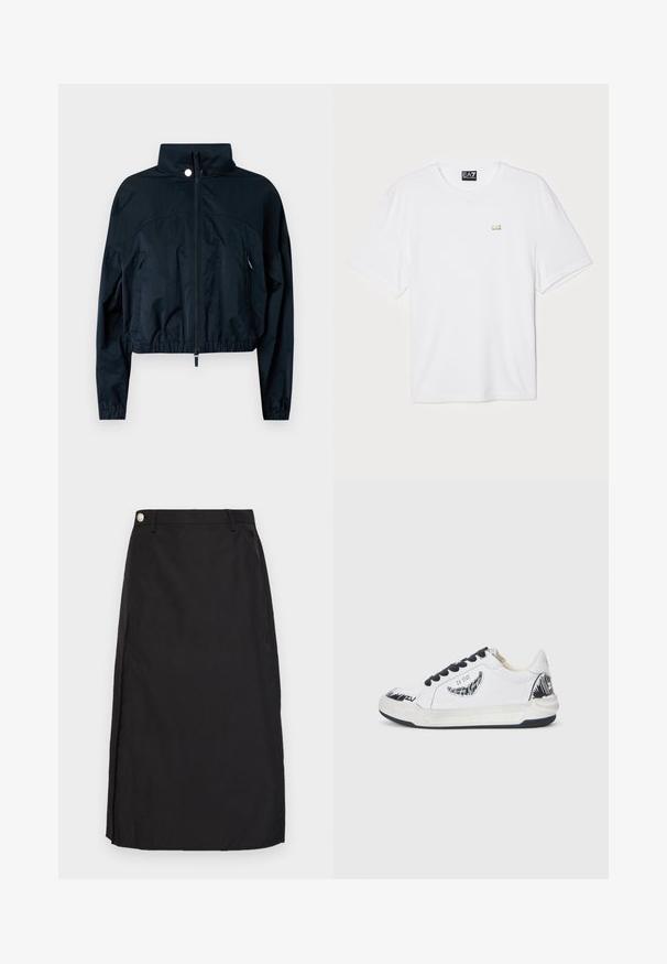 Navy blue cropped jacket made of lightweight fabric, featuring a high collar, front zipper, and elasticized hem and cuffs.; White cotton t-shirt with short sleeves, crew neckline, featuring a small gold EA7 logo on the left chest area.; Black knee-length skirt made of smooth fabric, featuring a front slit and a metallic button accent at the waistband.; White sneaker with black accents, featuring a textured design on the side, black laces, and a rubber sole. Logo and artwork on the upper.