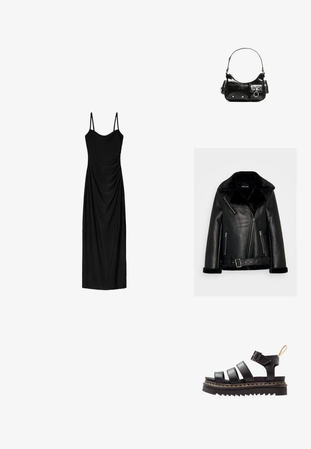 Mustahaalli musta nahkahiha, jossa on leveä kaulus, vetoketjukiinnitys ja vyötärön yksityiskohta. Varustettu pehmeillä mustilla tekoturkisharleilla kauluksessa ja hihoissa.; Mustat midi-mekko, jossa on ohuet säädettävät olkaimet. Mekossa on liehuva muotoilu ja sileä pinta. Ei näkyviä kuvioita tai koristeluja.; Mustasaumakahvisandaalit, joissa on kolme leveää hihnaa, säädettävä solki, paksu uritettu pohja ja keltainen ommelreunus.; Mustekko mustasta kiiltonahasta valmistettu käsilaukku, jossa on kaareva muoto, yksi olkahihna, etutaskut ja hopeanväriset yksityiskohdat.