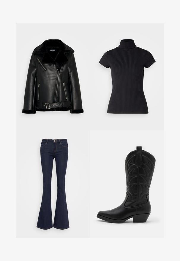 Černá umělá kožená motocyklová bunda s širokým límcem, předním zipem a detailem pásku. Obsahuje jemné černé umělé kožešinové akcenty na límci a manžetách.; Černý krátký rukávový rolák vyrobený z žebrované látky, s těsným střihem a vysokým designem límce. Jednoduchý a strukturovaný vzor.; Tmavé denímové zvonové džíny s přiléhavým pasem, s předním zapínáním na knoflík, pěti kapsami a švy podél nohavic.; Černá cowboyská bota s špičatou špičkou, texturovanou kůží, dekorativním prošíváním na holeni a nízkým vrstveným podpatkem.