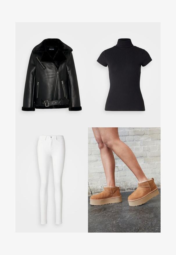 Crna jakna od umjetne kože u biker stilu s širokim ovratnikom, patentnim zatvaračem sprijeda i detaljem s remenom. Ima mekane crne umjetne krznene akcentu na ovratniku i manžetama.; Crna majica kratkih rukava s rolkom, izrađena od rebraste tkanine, s uskim krojem i visokim ovratnikom. Jednostavan i teksturiran uzorak.; Bijele skinny traperice izrađene od rastezljive mješavine pamuka, s prednjim dzepovima, patentnim zatvaračem i jednim gumbom za zatvaranje.; Smeđi antilop čizmi do gležnja s mekanim postavljanjem, debljim bež platformski potplat i stražnjim povlačnim trakama. Teksturirana površina s vidljivim šavovima.
