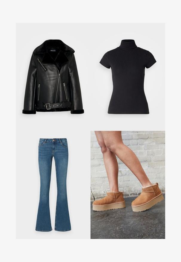 Mustahaalli musta nahkahiha, jossa on leveä kaulus, vetoketjukiinnitys ja vyötärön yksityiskohta. Varustettu pehmeillä mustilla tekoturkisharleilla kauluksessa ja hihoissa.; Musta, lyhythihainen poolopaita, joka on valmistettu ribbikankaasta. Siinä on slim fit -malli ja korkea kaulus. Yksinkertainen ja teksturoitu kuosi.; Siniset farkut leveällä lahkeella, puolivälin vyötärö, etutaskut ja vetoketjukiinnitys. Tasainen pinta, jossa on hillitty kuluminen ja kontrastiväriset ompeluyksityiskohdat.; Ruske mokasine do gležnja od nubuk kože s mekim podstavom, debelim bež platformama i stražnjim držačem. Teksturirana površina s vidljivim detaljima šavova.