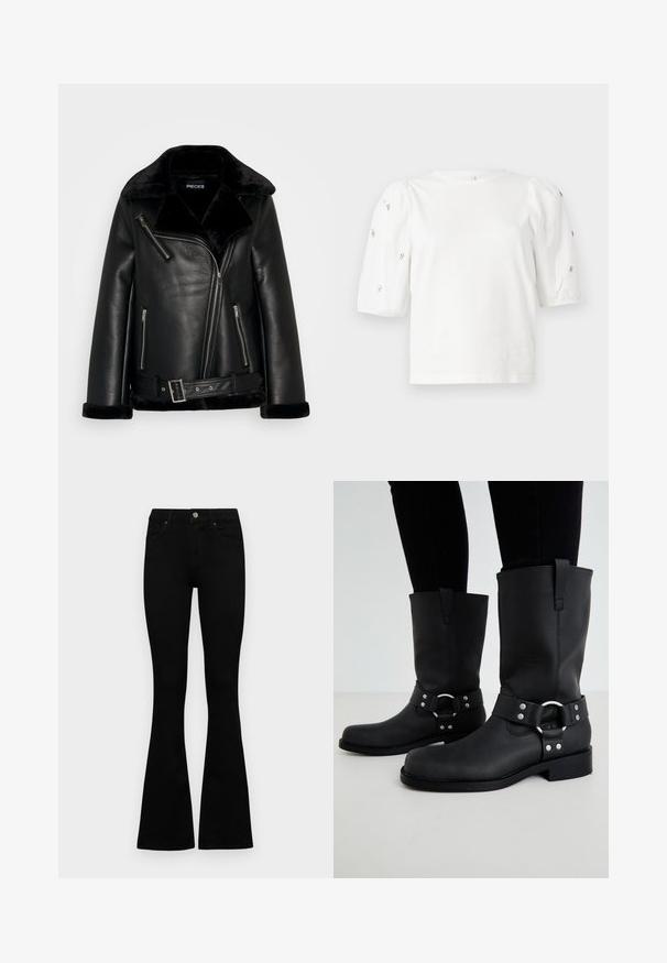 Jaqueta de motoqueiro em couro sintético preto com um colarinho largo, fecho com zíper na frente e detalhe de cinto. Apresenta suaves acabamentos em pelúcia sintética preta no colarinho e nos punhos.; T-shirt branca de algodão com mangas puff curtas, apresentando pequenos embellissements prateados ao longo das mangas. Decote redondo clássico, corte descontraído.; Jeans pretos de cintura alta com fecho de botão e zíper, bolsos frontais e pernas largas dispostos em cima de um fundo branco.; ONLY SHOES ONLBAX - Botas de cowboy/motociclista - black