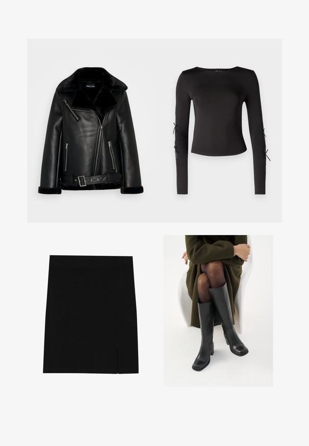 Veste de biker en cuir synthétique noir avec un large col, fermeture éclair à l'avant et détail de ceinture. Présente des accents en fausse fourrure douce noire sur le col et les poignets.; Top noir à manches longues avec un col rond. Présente des liens ajustables aux manches, fabriqué dans un tissu lisse et extensible.; Mini-jupe noire en tissu doux avec une coupe ajustée, présentant une légère fente sur le côté pour plus de style.; Bottes en cuir noires arrivant au genou, avec un bout carré et un talon carré, présentées sur un modèle assis dans un manteau vert olive. Texture lisse, détails minimaux.
