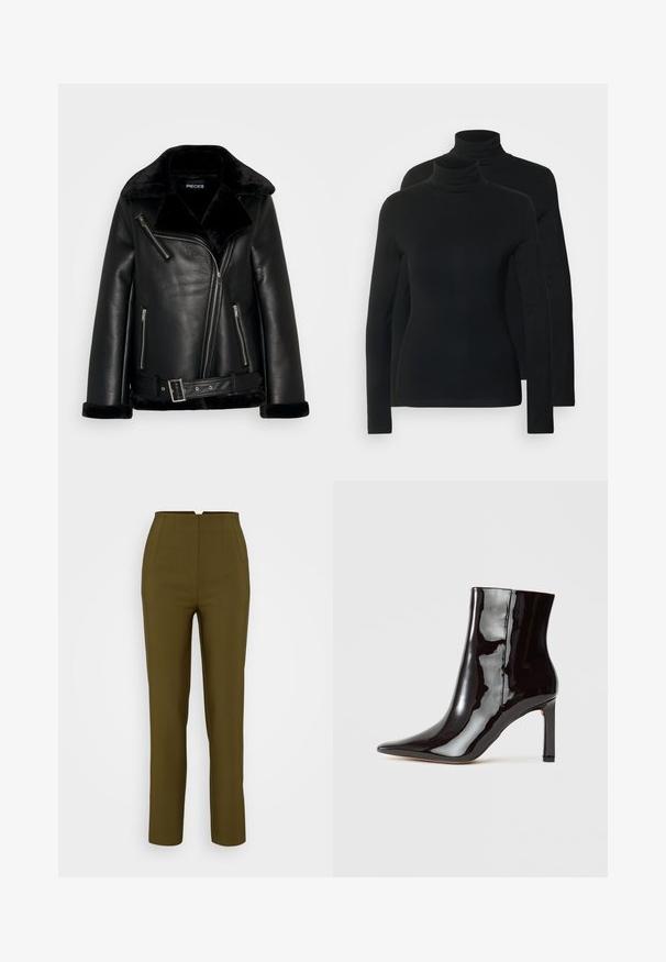 Zwarte faux leren motorjack met een brede kraag, ritssluiting aan de voorkant en details van een riem. Beschikt over zachte zwarte faux bont accenten op de kraag en manchetten.; Twee langmouwige turtlenecks in effen zwart, gemaakt van een zachte, rekbare stof met een aansluitend ontwerp en een naadloze halslijn.; Olijfgroene op maat gemaakte broeken met een hoge taille, voorzien van voorplooien en een recht gesneden ontwerp, gemaakt van een soepele stof.; Zwarte gepatineerde leren enkellaars met een puntige neus en slanke silhouet. Heeft een stilettohak en een zachte textuur.