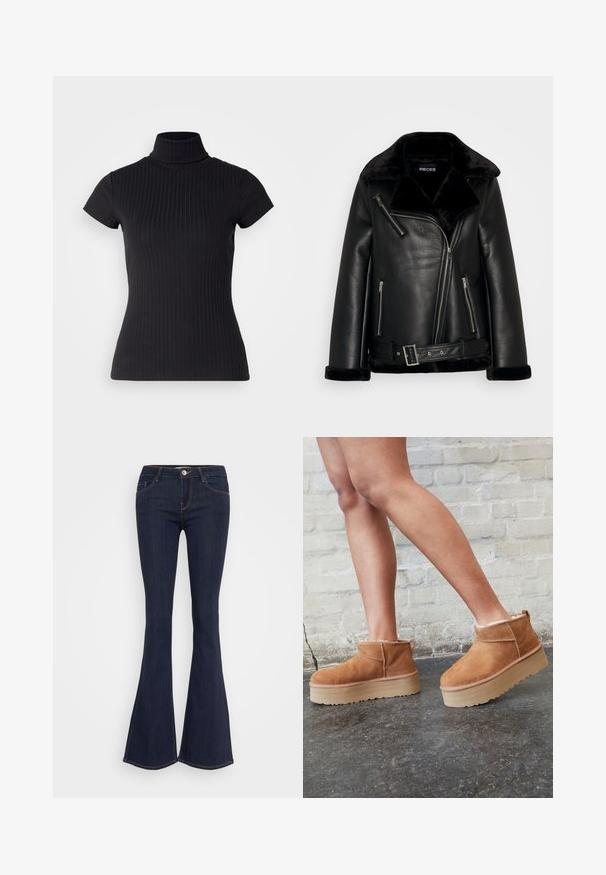 Melnā mākslīgā āda motocikla jaka ar plašu apkakli, rāvējslēdzēja priekšpusi un jostu. Tās apkakli un piedurknes rotā mīkstie melnie mākslīgie kažokādas akcenti.; Melna, īsām piedurknēm turtlenecks džemperis, izgatavots no ribotas auduma, ar pieguļošu piegriezumu un augstu apkakles dizainu. Vienkāršs un teksturēts raksts.; Tumši džinsi ar platām kājām un pieguļošu jostu, ar priekšējo pogas aizdari, piecu kabatu dizainu un šuvju detaļām gar kājām.; Brūni zamšāda potītes zābaki ar mīkstu oderi, biezu bēša krāsas platformas zoli un aizmugurē esošu cilpu. Tekstūrēta virsma ar redzamām šuvēm.