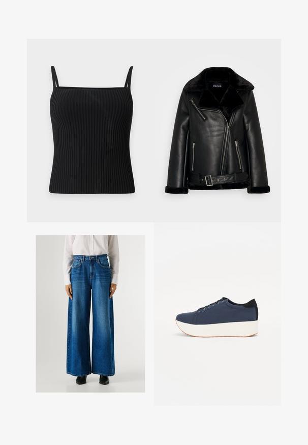 Sort faux læder bikerjakke med bred krave, lynlåslukning foran og bælte detalje. Har bløde sorte faux pels accenter på kraven og manchetterne.; Sorte ribbede tanktop med justerbare spaghetti-stropper, der har en tætsiddende silhuet og en glat overflade.; Blå vidde jeans med høj talje, lavet af denim, med forlommer og knappelukning. Glat tekstur med en klassisk vask.; Mørkeblå sneakers med en struktureret stofoverdel, hvid platformssål, rund tå og sort hælakkent. Har seks snøreøjer til snørebånd.