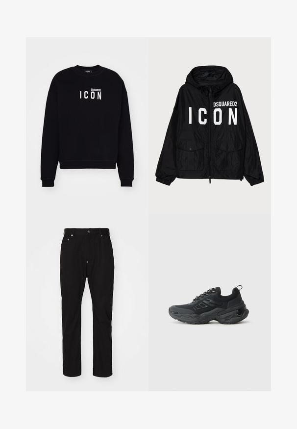 Mustat tuulitakit, joissa on huppu, etupuolella valkoinen "DSQUARED2 ICON" -teksti, kaksi etutaskua ja joustavat hihansuut.; Mustat collegepaidat, jotka on valmistettu pehmeästä kankaasta. Ominaisuuksiin kuuluu pyöreä kaula-aukko ja pitkät hihat. Keskellä valkoinen logo-teksti "DSQUARED2 ICON." Klassinen malli.; Musta puuvillahousut suoran istuvuuden, nappikiinnityksen, viiden taskun muotoilun ja hienovaraisen tekstuurin kanssa. Ei näkyviä koristeluja tai kuvioita.; Mustat urheilukengät, joissa on teksturoitu verkko-osa, paksu kumipohja ja heijastavat yksityiskohdat. Ominaisuuksiin kuuluu paksut nauhat ja takana oleva vetoketju.