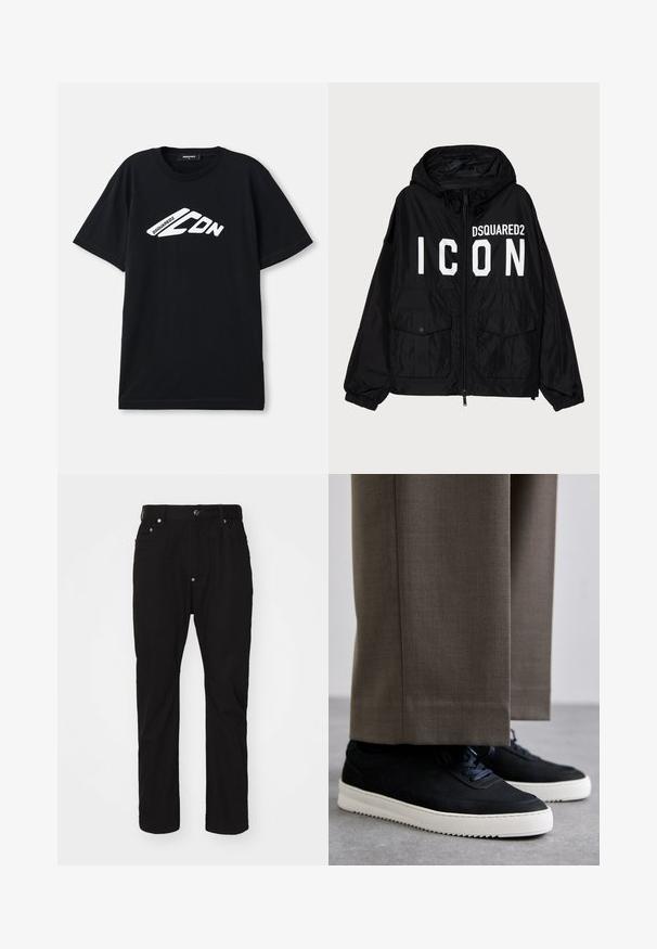 Zwarte windbreakerjack met capuchon, voorzien van witte "DSQUARED2 ICON" tekst aan de voorkant, twee voorzakken en elastische manchetten.; Zwarte katoenen T-shirt met een wit logo-ontwerp met hoekige vormen en tekst, ronde halslijn en korte mouwen.; Zwarte katoenen broek met een rechte pasvorm, knoopsluiting, vijfzakkenontwerp en subtiele textuur. Geen zichtbare versieringen of patronen.; Zwarte suède sneakers met witte rubberen zolen, voorzien van een ronde neus en veters, gedragen met grijze tailored broek.