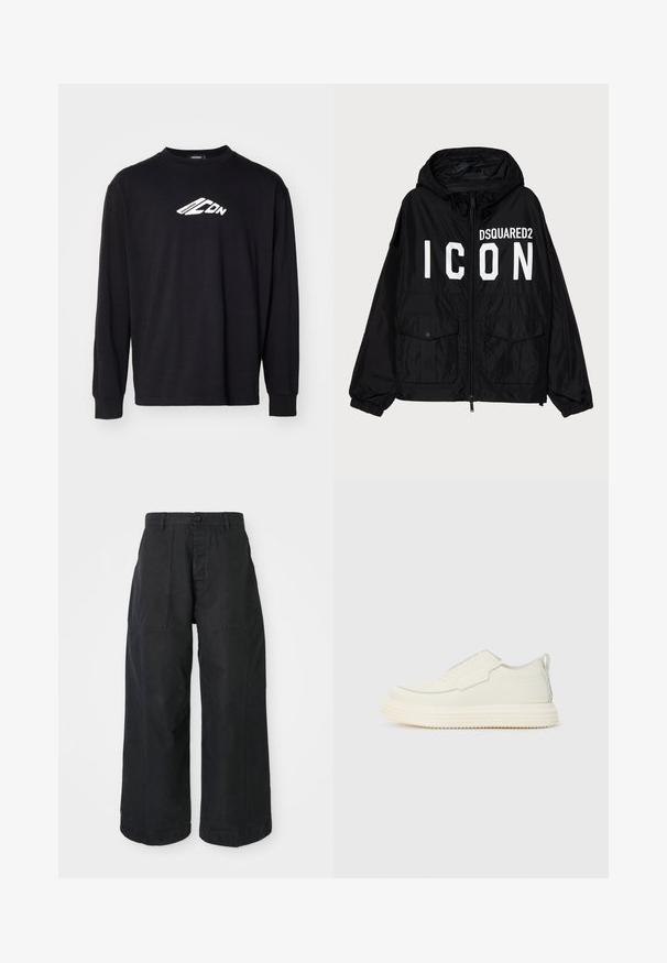 Čierna vetrovka s kapucňou, s bielym textom "DSQUARED2 ICON" na prednej strane, dvoma prednými vreckami a elastickými manžetami.; Čierne tričko s dlhým rukávom vyrobené z bavlny, s bielym logom na hrudi. Klasický okrúhly výstrih a rebrované manžety.; Čierne nohavice s širokými nohavicami vyrobené z plátna s uzáverom na gombík, s dvoma prednými vreckami a uvoľneným strihom.; Biele mokasíny s textúrovaným povrchom, s okrúhlou špičkou a hrubou gumovou podrážkou. Svetlé stehy dopĺňajú dizajn.