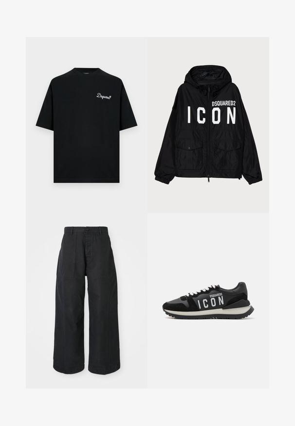 Mustaidest tuULEJK, millel on kapuuts, esiküljel valge "DSQUARED2 ICON" tekst, kaks esikot ja elastsete mansettidega varrukad.; Must puuvillane t-särk ümmarguse kaelusega ja lühikeste varrukatega. Vasakul rinnal on valge tikandiga logo. Minimalistlik disain.; Mustad laiad mustad püksid, valmistatud kanvasest materjalist, nööbiga kinnitusega, kahe ees oleva taskuga ja lõdva lõikega.; Mustad mustad, mis on valmistatud nahast ja sametist, valge "ICON" logoga ning kontrastse musta tallaga. Loodud valged paelad; disain on sportlik.