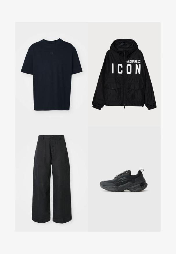 Černá větrovka s kapucí, na přední straně s bílým textem "DSQUARED2 ICON", dvěma předními kapsami a elastickými manžetami.; Černé bavlněné tričko s krátkými rukávy. Na hrudi má minimalistické logo v tmavším odstínu. Klasický design s kulatým krkem.; Černé kalhoty širokého střihu vyrobené z plátna s knoflíkovým zapínáním, které mají dvě přední kapsy a volný střih.; Černé sportovní boty s texturovaným síťovinovým svrškem, robustní gumovou podrážkou a reflexními detaily. Disponují silným šněrováním a zadním poutkem.