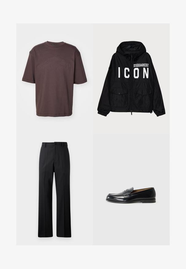 Black windbreaker jacket with a hood, featuring white "DSQUARED2 ICON" text on the front, two front pockets, and elasticized cuffs.; Dark brown cotton t-shirt featuring a crew neckline and short sleeves. Embossed "DSQUARED2 ICON" logo across the front. Loose fit.; Black straight-leg trousers with belt loops, front button, and zipper closure, displayed against a plain white background.; Leather loafers in black with a smooth finish, rounded toe, decorative stitching, and a small metal accent on the front.