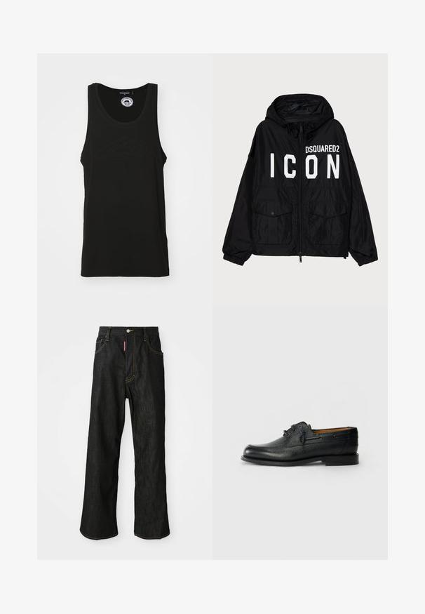 Čierna vetrovka s kapucňou, s bielym textom "DSQUARED2 ICON" na prednej strane, dvoma prednými vreckami a elastickými manžetami.; Čierny bezrukávový top vyrobený z bavlny s okrúhlym výstrihom a vyrazeným logom na prednej strane. Čistý, minimalistický dizajn.; Čierne rovné džínsy so žltým prešívaním, s piatimi vreckami, so zapínaním na gombík a malou červenou nášivkou na prednom pravom vrecku.; Čierne kožené topánky s textúrovaným povrchom, okrúhlou špičkou a dizajnom na šnurovanie s dvoma očkami. Majú plochú podrážku a minimalistické značenie na boku.