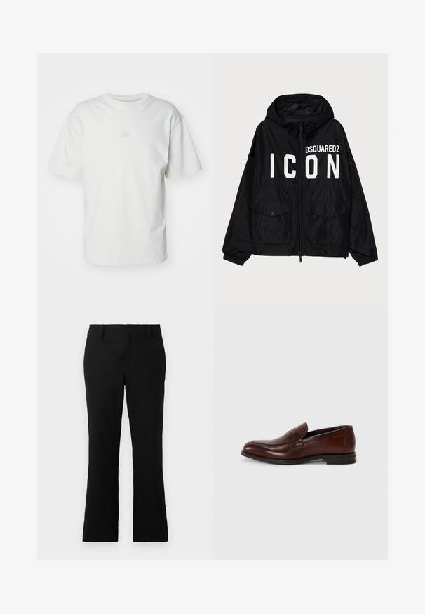Juodas vėjui atsparus švarkas su kapišonu, su baltu tekstu "DSQUARED2 ICON" priekinėje pusėje, dviem priekinėmis kišenėmis ir elastingomis rankogaliais.; Balta medvilninė marškinėliai trumpomis rankovėmis, su apvalia iškirpte ir subtiliu išsiuvinėtu logotipu krūtinėje, atitinkančiu baltą spalvą.; Juodos plačios kelnės, pagamintos iš medvilnės mišinio, su mygtukų uždarymu, diržo kilpomis ir lygia tekstūra be matomų raštų.; Rudos odinės loafers su apvalia nosimi, priekinio diržo detalė ir žemu sluoksniu elektros. Lygus paviršius su minimaliais dekoratyviniais akcentais.