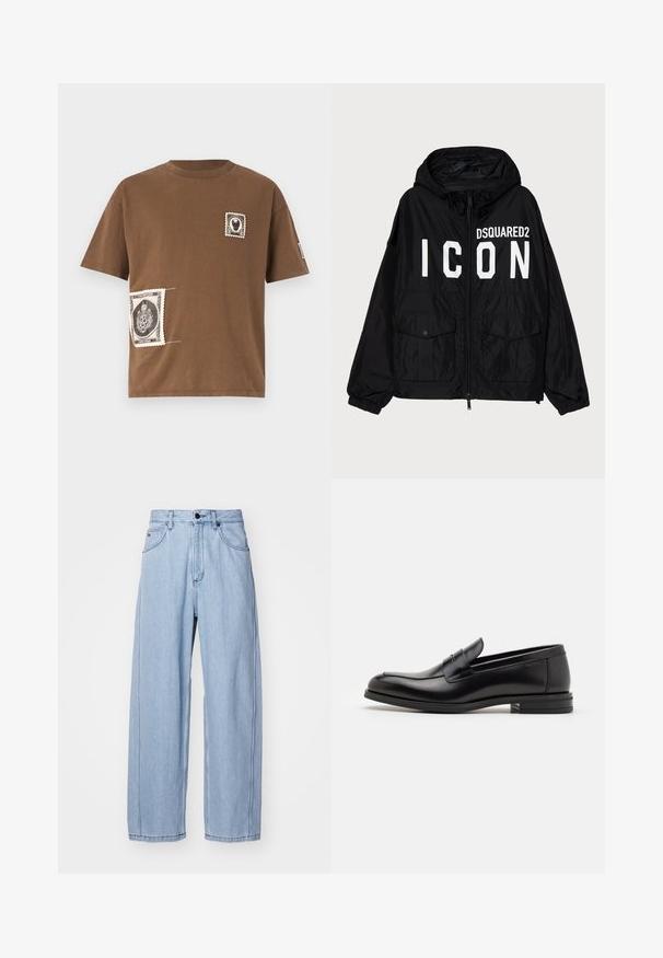 Černá větrovka s kapucí, na přední straně s bílým textem "DSQUARED2 ICON", dvěma předními kapsami a elastickými manžetami.; Hnědý bavlněný tričko s kulatým výstřihem, se dvěma ozdobnými nášivkami připomínajícími vintage známky v černé a bílé barvě.; Světle modré džíny z denimu s širokým střihem, které mají přední kapsy, zapínání na knoflík a podrobné prošívání podél švů.; Černé kožené polobotky s hladkou texturou, zaoblenou špičkou a zdobným páskem přes nárt. Nízký stohovaný podpatek, minimalistický design.