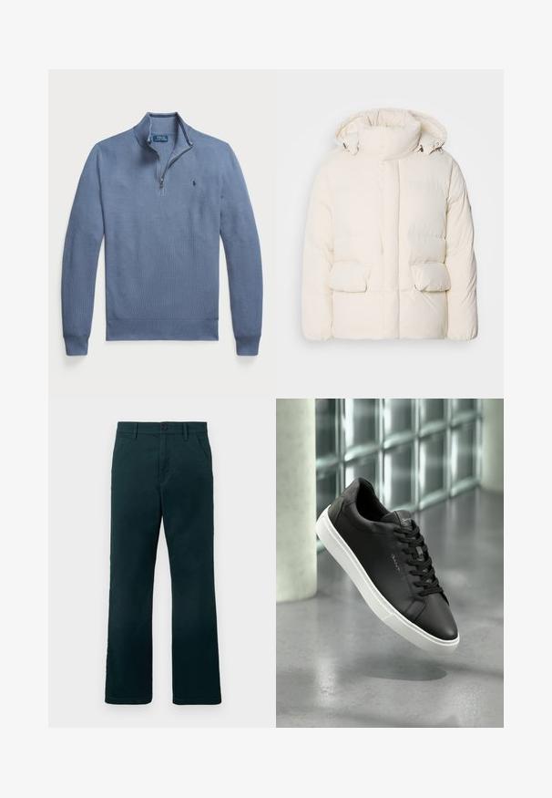 Casaco branco acolchoado com colarinho alto, dois bolsos frontais e uma textura suave com fecho de correr. Design leve e isolado.; Pullover azul claro com colarinho com fecho éclair, punhos e bainha canelados, apresentando um padrão texturizado e um pequeno logótipo no lado esquerdo do peito.; Calças retas de cor verde-escuro com passantes para cinto, bolsos laterais e fecho de botão sobre um fundo branco liso.; Sapatilha de couro preto com sola de borracha branca, bico redondo e atacadores. Apresenta uma textura suave e uma marcação subtil na língua.