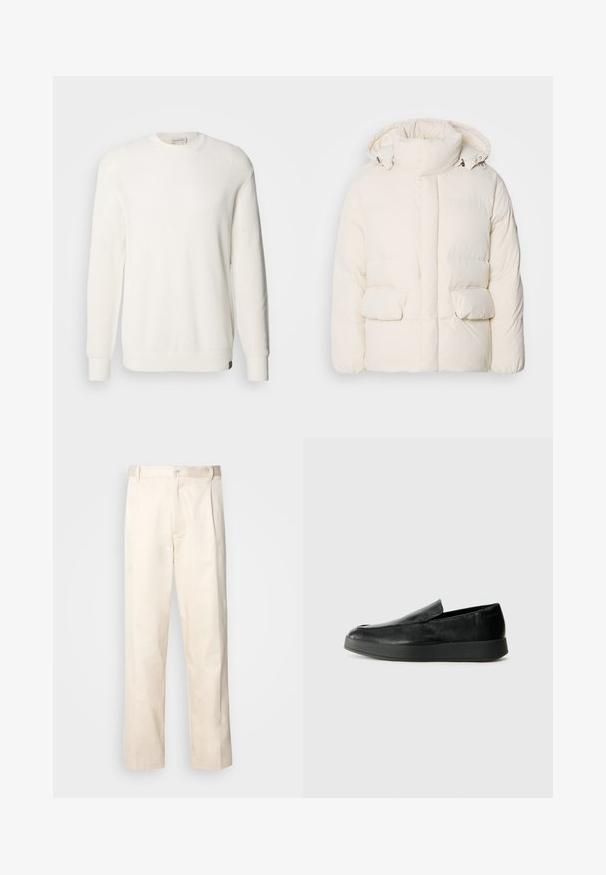 Padded white jacket featuring a high collar, two front pockets, and a smooth texture with a zip fastening. Lightweight and insulated design.; Calvin Klein Jeans CREW - Jumper - tofu; Beige cotton trousers with a straight-leg cut, featuring a button closure and pleats at the front for added detail.; Calvin Klein HYBRID CUP - Slip-ons - triple black