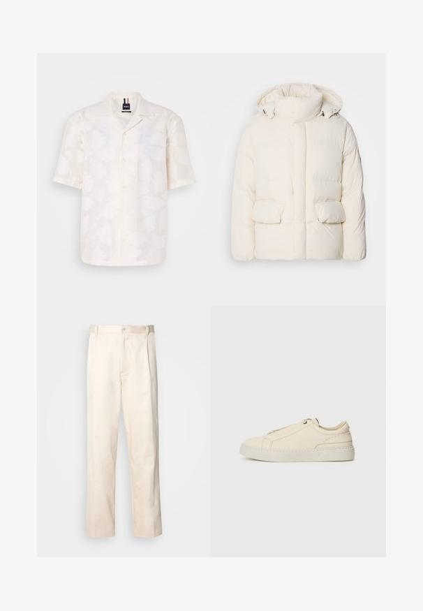 Valkoinen pehmustettu takki, jossa on korkea kaulus, kaksi etutaskua ja sileä pinta, jossa on vetoketju. Kevyt ja eristetty muotoilu.; Lyhythihainen valkoinen paita kevyestä kankaasta, jossa on hienovarainen kukkakuosi. Paidassa on napitettava etuosa ja klassinen kaulussuunnittelu.; Vaaleanbeige puuvillahousut, joissa on suora lahje, varustettu nappisulkeisella ja etupuolella olevilla laskoksilla lisäyksinä.; Beige nahkakengät, joissa on pyöreä kärki, minimalistinen muotoilu, hillityt ommellut yksityiskohdat ja teksturoitu päällinen, vaalealla pohjalla.