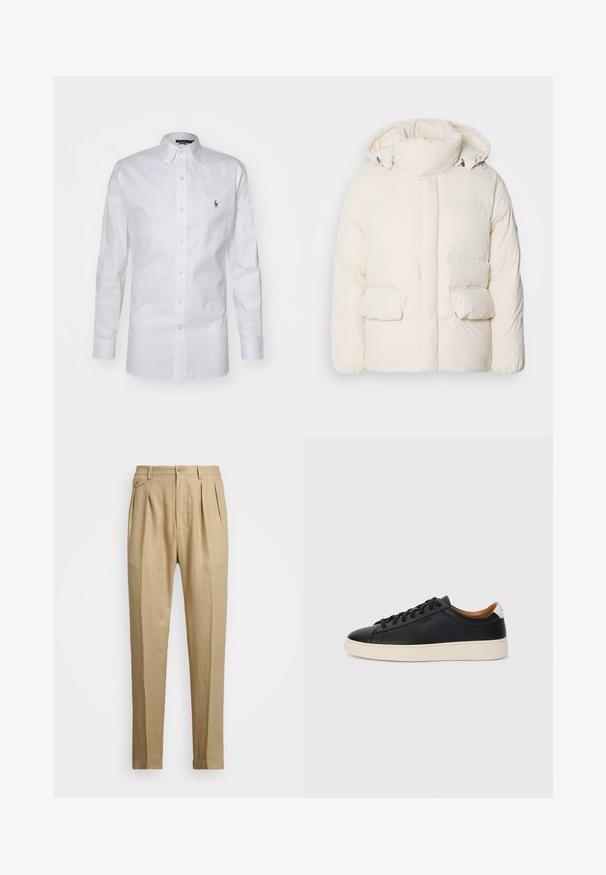Casaco branco acolchoado com colarinho alto, dois bolsos frontais e uma textura suave com fecho de correr. Design leve e isolado.; Camisa branca de botão feita de algodão; apresenta um colarinho clássico, mangas longas e um pequeno logótipo bordado no lado esquerdo do peito.; Calças de linho bege com corte reto, apresentando dois plissados frontais, fecho com botão e bolsos laterais. Tecido texturizado com um acabamento suave.; Tenis de couro preto com uma textura suave, sola de borracha bege, design de atar e um destaque no calcanhar em contraste.