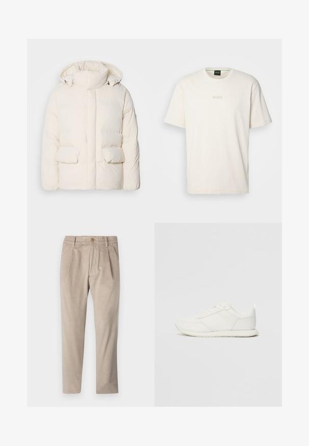 Bílá péřová bunda s vysokým límcem, dvěma předními kapsami a hladkým povrchem se zapínáním na zip. Lehký a izolační design.; BOSS TEE - Jednoduché tričko - open white; Béžové manšestrové kalhoty s elastickým pasem, zapínáním na knoflík a sklady, s rovnými nohavicemi a texturovanou látkou.; Bílé tenisky s vrchní částí z síťoviny a syntetického materiálu, kulatou špičkou, plochými tkaničkami a texturovaným bočním pruhem. Gumová podrážka s poutkem vzadu.