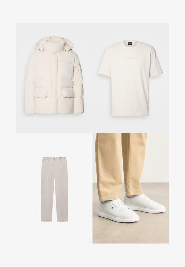 Baltas pamušalas didelis šalikas, dviejų priekinėmis kišenėmis ir lygiu paviršiumi, užsegamas užtrauktuku. Lengvas ir izoliuotas dizainas.; BOSS TEE - Paprasti marškinėliai - open white; Šviesiai bežinės kelnes, pagamintas iš švelnios medžiagos, su tiesiu siluetu, dviem šoniniais kišenėmis ir priekiniais mygtukais. Lengvas ir lygus tekstūra.; Baltos odinės sportbačiai su lygia apdaila, su apvalia nosimi, nėriniais ir subtiliu logotipo detaliu šone, derinami su béžinėmis kelnėmis.