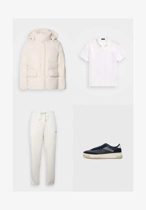 Λευκό μπουφάν με επένδυση, που διαθέτει ψηλό γιακά, δύο εμπρόσθιες τσέπες και λεία υφή με φερμουάρ. Ελαφριά και μονωμένη σχεδίαση.; Λευκό πόλο μπλουζάκι από βαμβάκι, με στήριγμα δύο κουμπιών, κοντά μανίκια και διακριτό λογότυπο στο αριστερό στήθος. Λείος υφασμάτινος υφάντης.; Polo Ralph Lauren RELAXED FIT LOGO FLEECE TRACKSUIT BOTTOM - Παντελόνι φόρμας - nevis; BOSS BALTIMORE - Αθλητικά παπούτσια - open blue