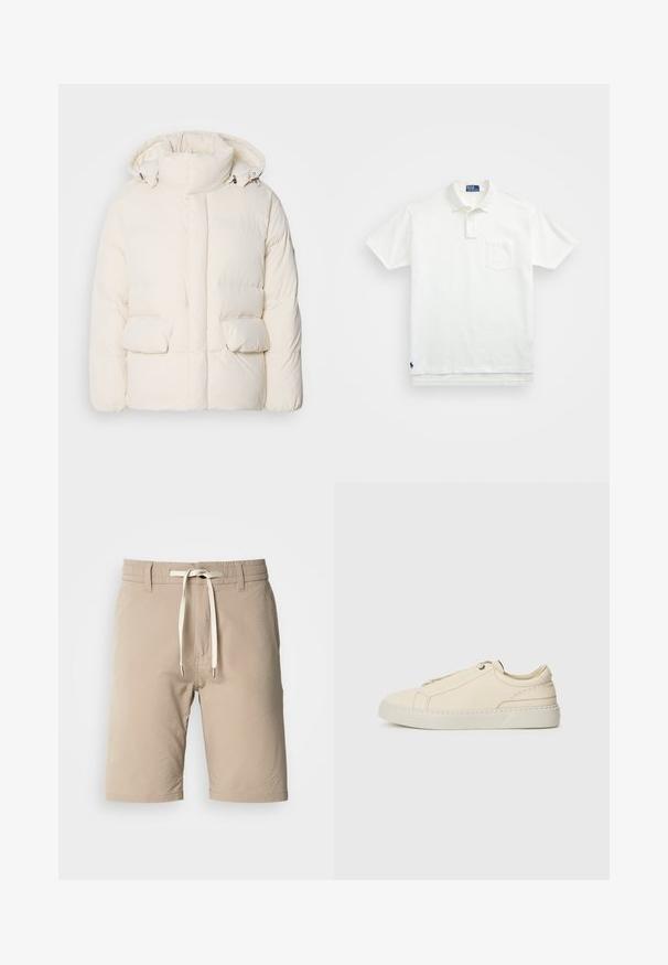Biela vypchávkovaná bunda s vysokým golierom, dvoma prednými vreckami a hladkým povrchom so zipsom. Ľahký a izolačný dizajn.; Biela polo tričko vyrobené z bavlny, s klasickým golierom, trojbuttonovou légou a vreckom na ľavej hrudi; malé logo na spodnom leme.; Béžové kraťasy vyrobené z textúrovanej látky s elastickým pásom, ktorý má šnúrku a kovové konce, so strihom rovného strihu a lemovaním.; Beige kožené tenisky s okrúhlou špičkou, minimalistickým dizajnom, jemnými švy a textúrovaným povrchom, na svetlej podrážke.
