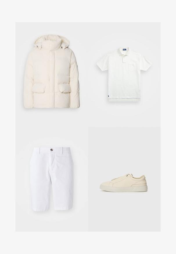 Witte gewatteerde jas met een hoge kraag, twee voorzakken en een gladde textuur met een ritssluiting. Lichtgewicht en geïsoleerd ontwerp.; Witte poloshirt van katoen, met een klassieke kraag, een knoopsluiting met drie knopen en een borstzak aan de linkerkant; klein logo aan de onderrand.; Witte katoenen shorts met een recht ontwerp, twee voorzakken en een enkele knoopsluiting in de taille. Gladde textuur, knielange pasvorm.; Beige leren sneaker met een ronde neus, minimalistisch ontwerp, subtiele stikdetails en een gestructureerde bovenkant, op een lichte zool.
