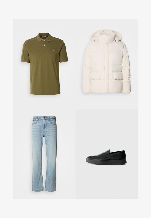 Padded white jacket featuring a high collar, two front pockets, and a smooth texture with a zip fastening. Lightweight and insulated design.; Olive green polo shirt made of cotton, featuring a three-button placket, short sleeves, and an embroidered logo on the left chest.; Light blue denim jeans with a straight-leg cut, featuring five pockets, a button closure, and subtle fading on the fabric.; Calvin Klein HYBRID CUP - Slip-ons - triple black