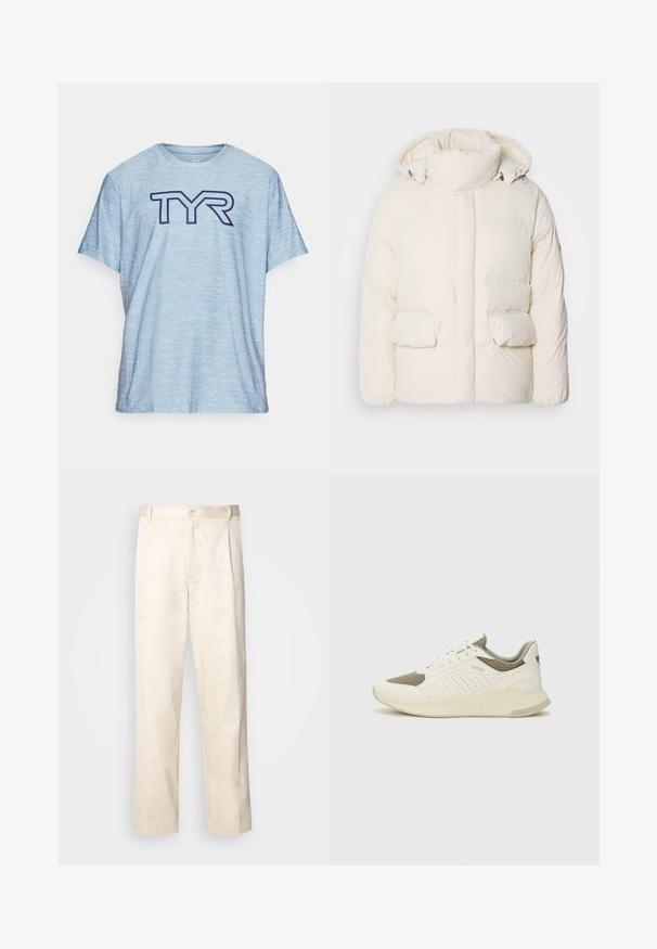 Chaqueta blanca acolchada con cuello alto, dos bolsillos frontales y una textura suave con cierre de cremallera. Diseño ligero y aislante.; TYR AIRTEC SHORT SLEEVE TEE LARGE LOGO - Camiseta deportiva - denim; Pantalones de algodón beige con corte recto, que cuentan con un cierre de botón y pliegues en la parte frontal para un detalle adicional.; Zapatilla deportiva en blanco y beige claro, con parte superior de malla, detalles perforados y una mediasuela texturizada con la marca en el talón.