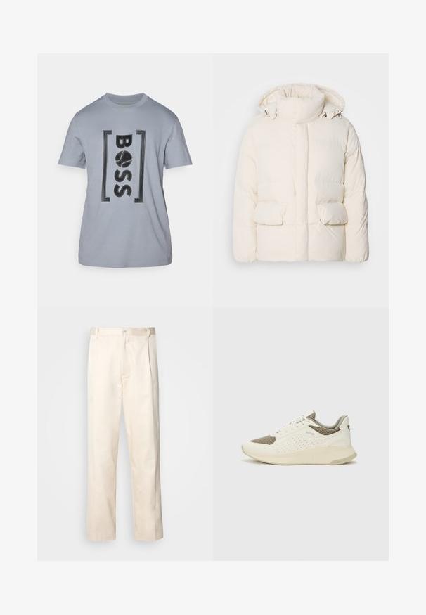 Baltas pamušalas didelis šalikas, dviejų priekinėmis kišenėmis ir lygiu paviršiumi, užsegamas užtrauktuku. Lengvas ir izoliuotas dizainas.; Šviesiai pilkas medvilninis marškinėliai, kuriuose yra juodas logotipas "BOSS", įrėmintas stačiakampio dizainu. Trumpi rankoviai ir klasikinis apvalus iškirpimas.; Bežinės medvilninės kelnės su tiesiu kirpimu, turinčios mygtuko uždarymą ir priekyje raukšles papildomai dekoratyviam akcentui.; Baltas ir šviesiai bežinis sportinis kedas, su tinklo viršumi, perforuotais detalėmis ir tekstūruotu tarpine su logotipu ant kulno.
