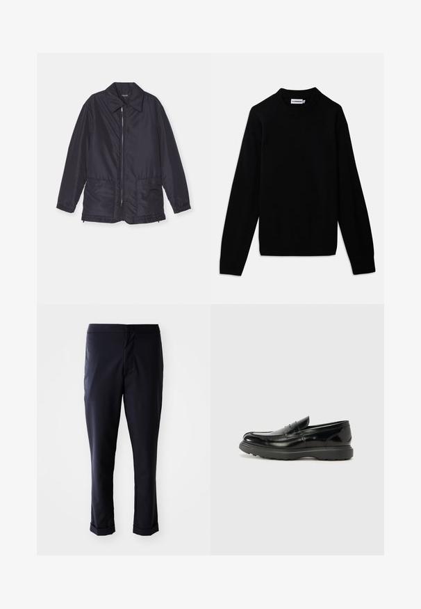 Tmavě modrá prošívaná bunda, lehká, s předním zipem, dvěma předními kapsami a límcem. Hladká textura, elastické manžety a lem.; Černý svetr s žebrovaným kulatým výstřihem, dlouhými rukávy a texturovaným pleteným vzorem. Žádné viditelné logo ani ozdoby.; Námořnické kalhoty se hladkým materiálem, rovný střih, středně vysoký pas a ohrnuté manžety. Žádné viditelné kapsy ani detaily s kovovými prvky.; Černé kožené mokasíny s lesklým povrchem, kulatou špičkou, nenápadnými švy a silnou gumovou podrážkou pro odolnost.