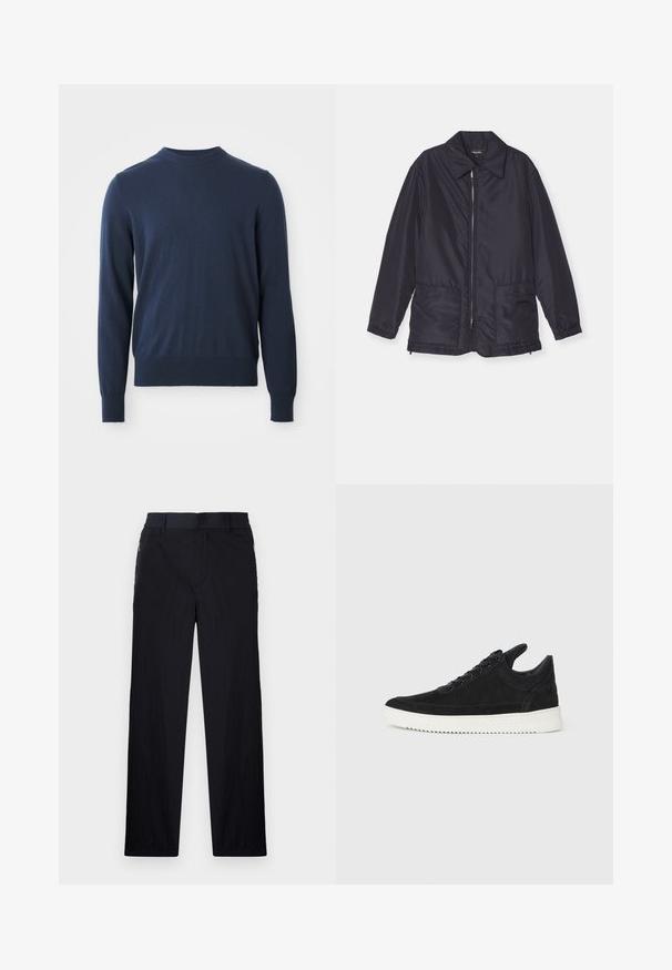 Marineblauwe gewatteerde jas, lichtgewicht, met een rits aan de voorkant, twee voorzakken en een kraag. Glad textuur, elastische manchetten en zoom.; Marineblauwe longsleeve trui met ronde hals en geribbelde boorden en zoom, tentoongesteld tegen een witte achtergrond.; Zwarte broek van een lichtgewicht, gestructureerde stof, met een recht model, elastische Tailleband en zijzakken met rits.; Zwarte suède sneakers met een witte rubberen zool, voorzien van tonale stiksels en een vetersluiting. Glad oppervlak met een moderne, gestroomlijnde vorm.