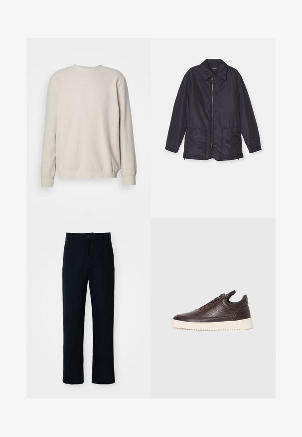 Marineblå polstret jakke, letvægts, med lynlås foran, to frontlommer og krave. Glat tekstur, elastiske manchetter og kant.; Beige langærmet sweater med ribbet tekstur, rund hals og tætsiddende manchetter. Enkel, uden udsmykning design med en løs pasform.; Mørkeblå bukser lavet af bomuld, med en lige ben-design, en frontknaplukning og en klassisk talje med bæltestropper.; Mørkebrun struktureret læder sneaker med snøring og hvid rillede gummisål på en lys ensfarvet baggrund.