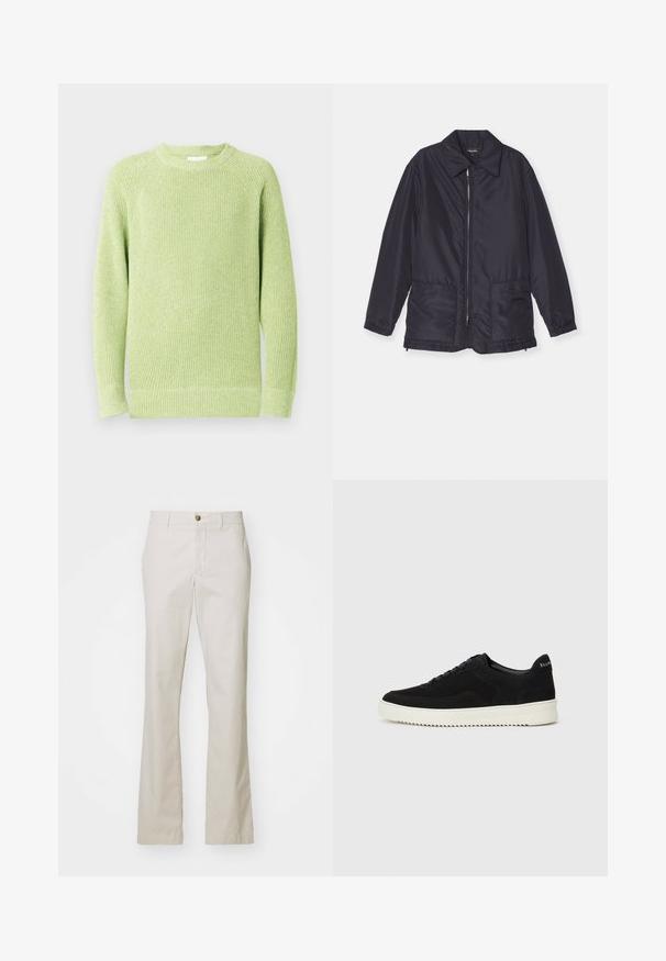 Marineblauwe gewatteerde jas, lichtgewicht, met een rits aan de voorkant, twee voorzakken en een kraag. Glad textuur, elastische manchetten en zoom.; Lichtgroene gebreide trui met ronde hals, lange mouwen en geribbelde boorden en zoom, op een effen witte achtergrond.; J.LINDEBERG LOIS CLOUD PANTS - Broek - moonbeam; Zwarte suède sneakers met vetersluiting en contrasterende witte rubberen zool. Voorzien van textuurpanelen aan de zijkanten en subtiele branding op de hiel.
