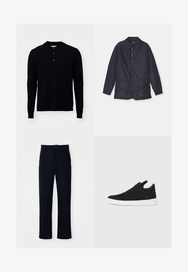 Marineblauwe gewatteerde jas, lichtgewicht, met een rits aan de voorkant, twee voorzakken en een kraag. Glad textuur, elastische manchetten en zoom.; Langarm polo shirt in donker marineblauw, gemaakt van fijn gebreide stof. Heeft een kraag, een knoopsluiting met drie knopen en geribbelde manchetten.; Marineblauwe broeken van katoen, met een recht model, een sluiting met een knoop aan de voorkant en een klassieke tailleband met riemlussen.; Zwarte suède sneakers met een witte rubberen zool, voorzien van tonale stiksels en een vetersluiting. Glad oppervlak met een moderne, gestroomlijnde vorm.