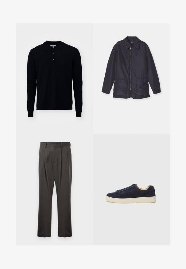 Casaco acolchoado azul marinho, leve, com fecho frontal, dois bolsos frontais e colarinho. Textura suave, punhos e bainha elásticos.; Camisa polo de mangas longas em azul marinho escuro, feita de tecido de malha fina. Apresenta um colarinho, placket com três botões e punhos canelados.; Calças cinza escuras feitas de um tecido texturizado, com frente lisa, pregas, pernas direitas e passadores de cinto. Sem hardware ou padrões visíveis.; Sapatilha de camurça azul-marinho de cano baixo com biqueira arredondada, sola de borracha off-white e atacadores a condizer; apresenta um forro interior contrastante em tom de tan.