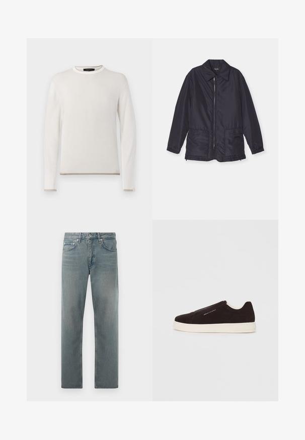Marineblaue gepolsterte Jacke, leicht, mit Reißverschluss vorne, zwei Fronttaschen und Kragen. Glatte Textur, elastische Ärmelbündchen und Saum.; Weißer, gerippter Pullover mit langen Ärmeln, rundem Ausschnitt und kontrastierendem beigem Saum und Bündchen. Weiche Strickstruktur.; Hellblaue Jeans aus Denim mit geradem Bein, ausgestattet mit fünf Taschen, dezenten Verwaschungen und Metallknopf-Akzenten.; Schwarze Wildleder-Slipper mit weißer Gummisohle, die eine glatte Textur und dezente Markierung an der Seite aufweist. Klassisches Design und Struktur.